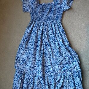 Blue and White Smocked Tiered Sundress with Puff Sleeves - Size Large